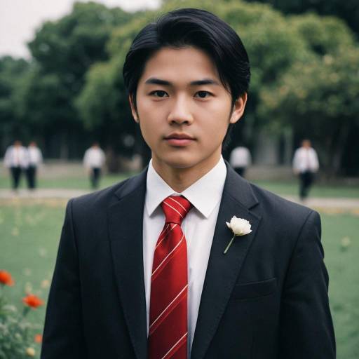 Young Asian Man in Suit with Red Tie at Wedding