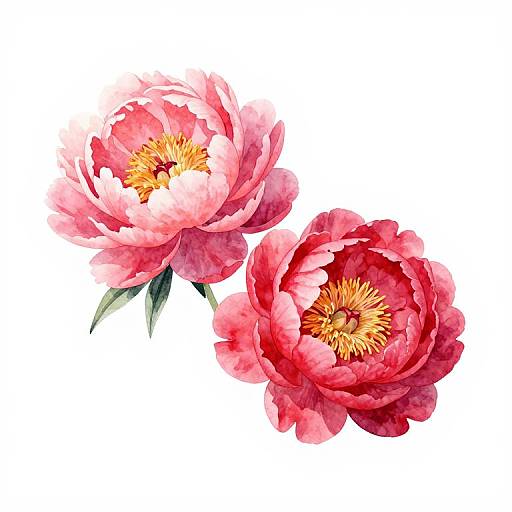 Watercolor painting of two vibrant pink and red peonies with yellow centers and green leaves, set against a white background.