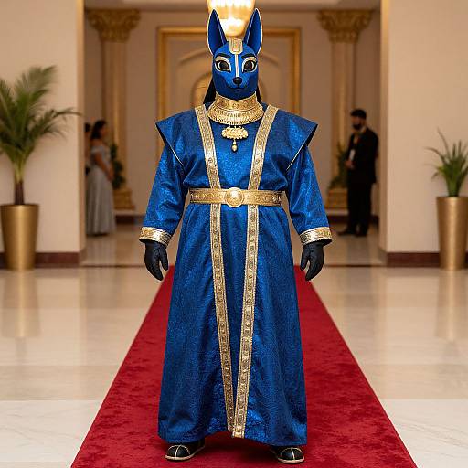Photograph of a person in a blue, gold-trimmed robe and Anubis mask standing on a red carpet in a luxurious hallway with p