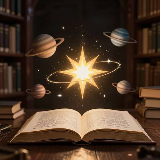 Photograph: Open book on wooden table, glowing star with rings and planets in dark library, surrounded by books and starlight.