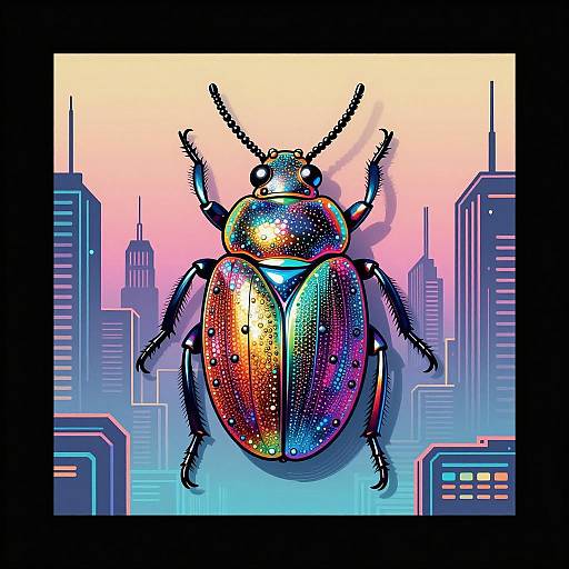 Vibrant Jeweled Bug with Cyberpunk City Background
