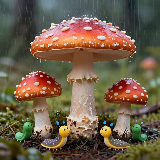 Photograph of whimsical, red-spotted mushrooms with white dots, surrounded by three yellow and blue bird-like creatures in a rainforest, moss-covered