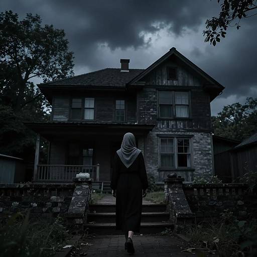 Eerie Night: Woman Approaching Haunted House
