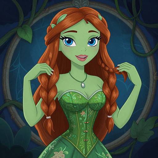 Digital illustration of a green-skinned, red-haired fairy with blue eyes, wearing a green, floral corset, and a pendant, set against a