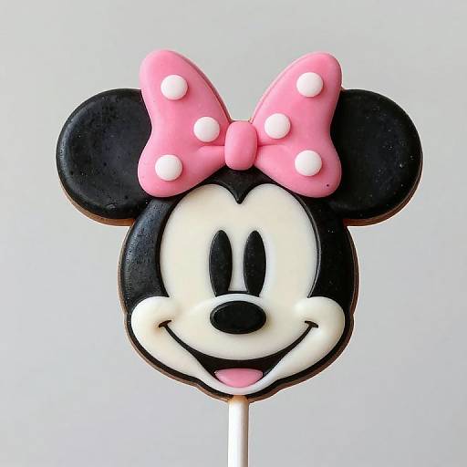 Photograph of a colorful Mickey Mouse-shaped lollipop featuring a black and white face, large pink bow with white polka dots, and cheerful smile.