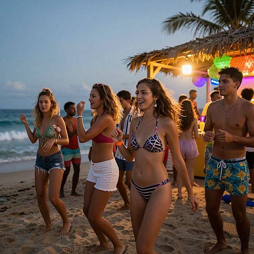 Photograph of a group of young people dancing on a beach at sunset, wearing colorful bikinis and board shorts, under a thatched hut with neon