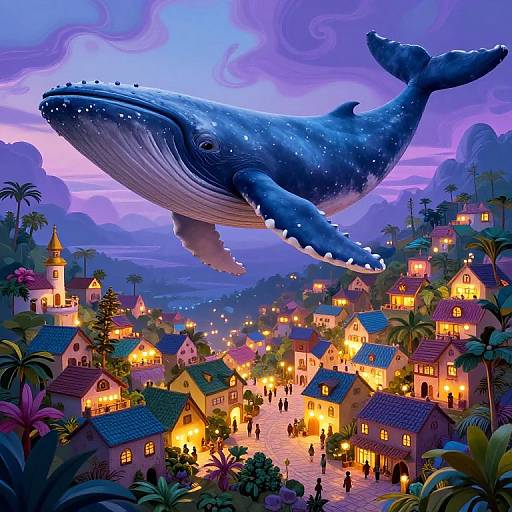 Digital artwork of a glowing blue whale soaring above a vibrant, magical village at twilight, with glowing houses, palm trees, and people below.