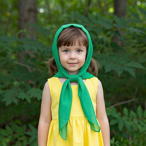 Photograph of a young girl with brown hair, wearing a yellow dress and green headscarf, standing in a green forest.
