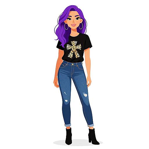 Digital illustration of a stylish woman with purple hair, wearing a black graphic tee, blue ripped jeans, black ankle boots, and large hoop earrings, standing