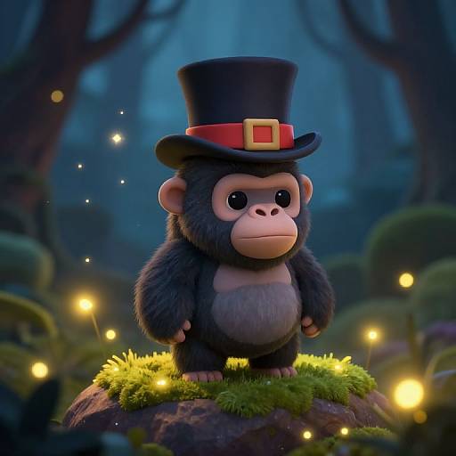 Cute cartoon monkey in black top hat with red band and gold buckle, standing on mossy rock in enchanted forest with glowing fireflies. Digital art