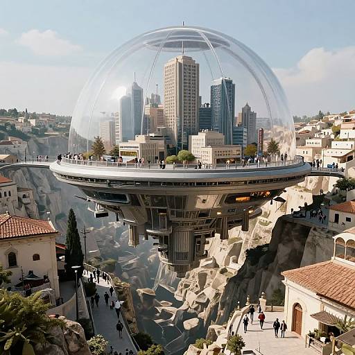 Digital artwork of a futuristic, spherical observation deck hovering over a cliffside cityscape with high-rise buildings, surrounded by a transparent dome. People walk on