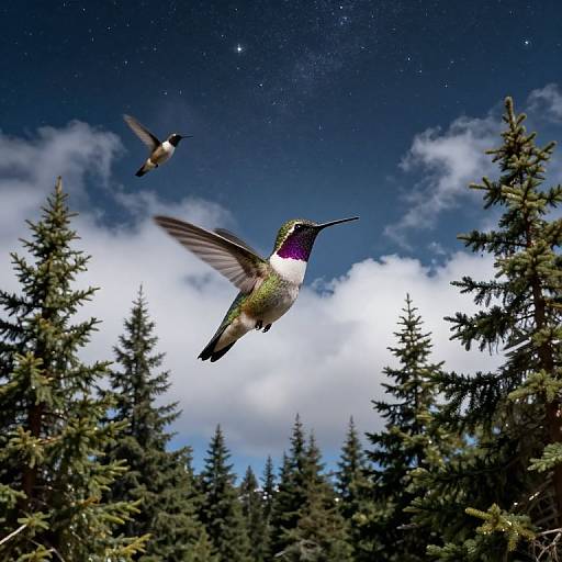 Photograph of two hummingbirds mid-flight against a starry night sky, surrounded by dark green pine trees, with white clouds in the background.