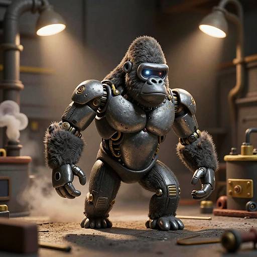 Photorealistic CGI of a robotic, muscular gorilla with metallic armor and glowing blue eyes, standing in a dimly lit industrial workshop.