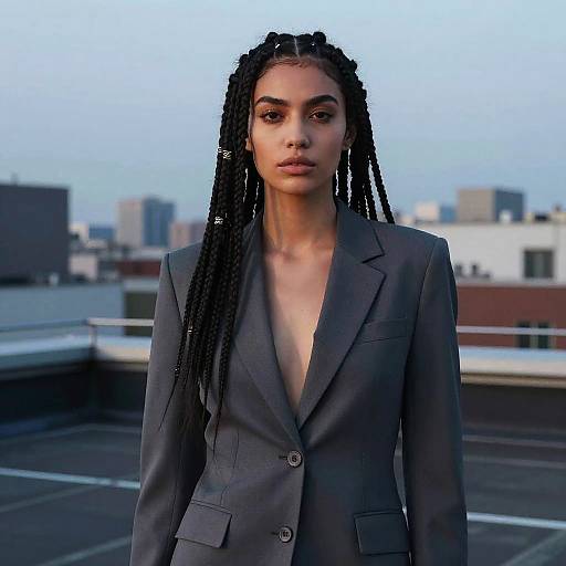 Photograph of a young Black woman with long, braided hair, wearing a dark gray blazer with a deep V-neck, standing on a rooftop