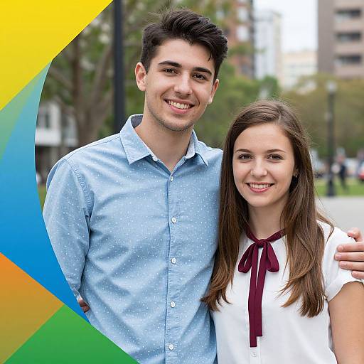 Photograph of a smiling young couple; man in light blue button-up, woman in white with maroon ribbon, standing outdoors with rainbow border.