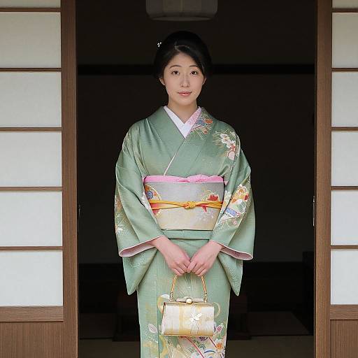 Photograph of an East Asian woman in a green, floral kimono, holding a small, patterned handbag, standing in a traditional Japanese doorway