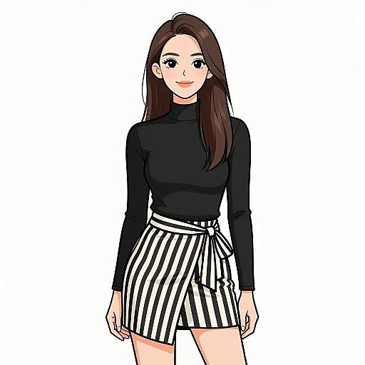 Digital drawing of a smiling woman with long brown hair, wearing a black long-sleeve turtleneck and black-and-white striped high-waist