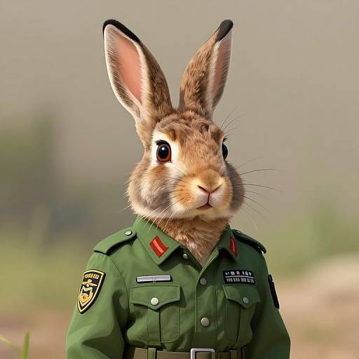 CGI image of a realistic anthropomorphic rabbit in a green park ranger uniform, standing outdoors with a blurred green and brown background.