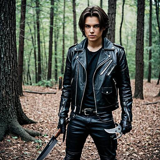 Young Man in Leather Scissorhands Costume in Forest