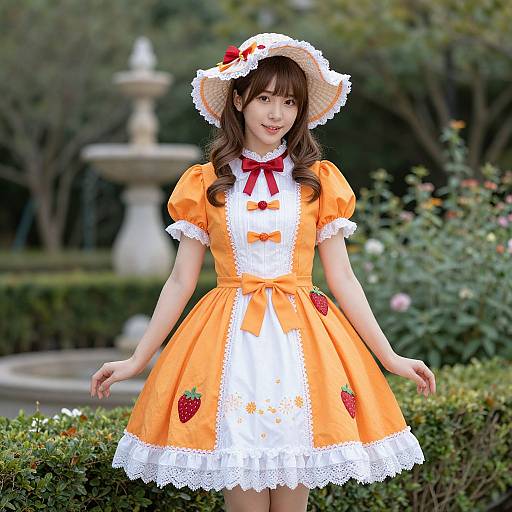 Photograph of an Asian woman in an orange strawberry-themed Alice in Wonderland dress with white lace, red bow, and hat, standing in a lush garden
