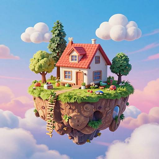 Whimsical digital illustration of a red-roofed house on a floating, rocky island with lush greenery, flowers, and trees, set against