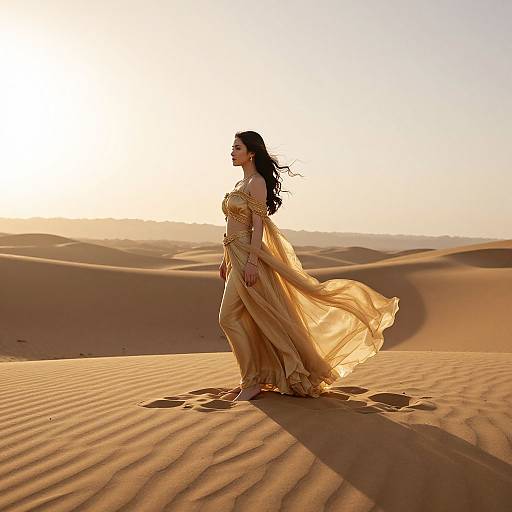 Photograph of a woman with long black hair in a flowing, golden gown walking in a sunlit desert with rippling sand.