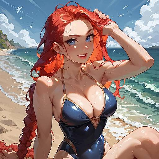 Red-Haired Swimsuit Beauty Sitting on Beach