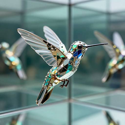 Photograph of a glittering, iridescent hummingbird in mid-flight, reflecting light, set against a blurred glass background with reflections of other humming