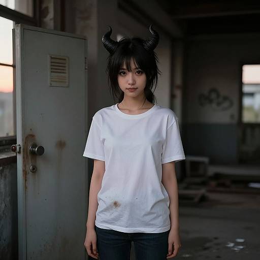 Photograph of an Asian woman with black horns in a white, slightly stained t-shirt, standing in a dim, industrial, graffiti-covered hallway.