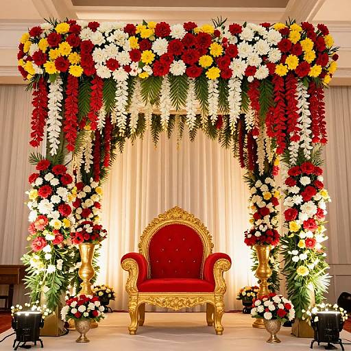 Photograph of an ornate floral arch with red, white, and yellow flowers, framing a gold and red upholstered throne chair in a luxurious room