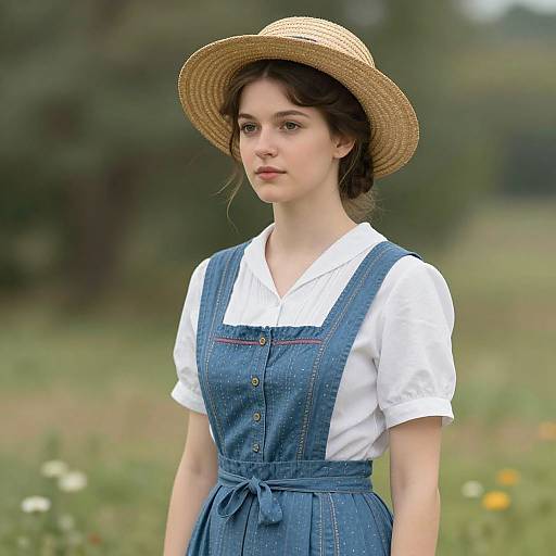 Photograph of a young woman with fair skin, brown hair, and blue eyes, wearing a straw hat, white blouse, and blue denim pina