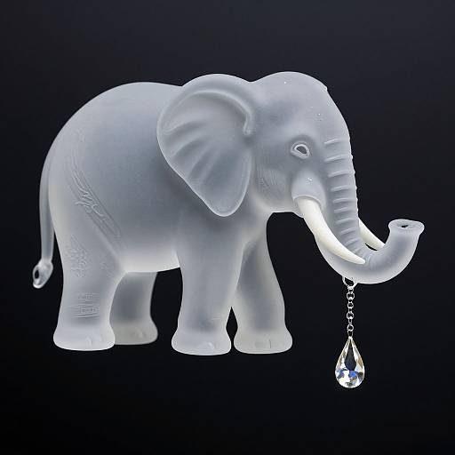 Glowing, translucent blue elephant holding a teardrop-shaped jewel on a chain against a dark blue gradient background.