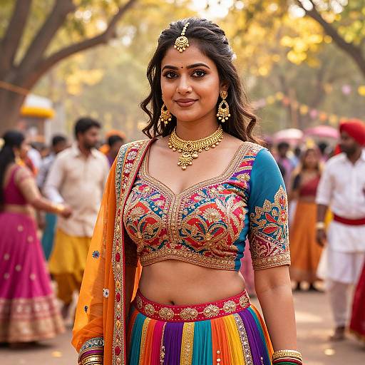 Photograph of a beautiful Indian bride in a colorful traditional lehenga with intricate embroidery, gold jewelry, and a bindi, standing in a blurred outdoor