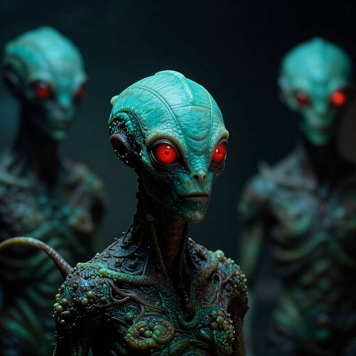 Photorealistic CGI of three alien beings with green, textured skin, red glowing eyes, and intricate mechanical features, set against a dark background.