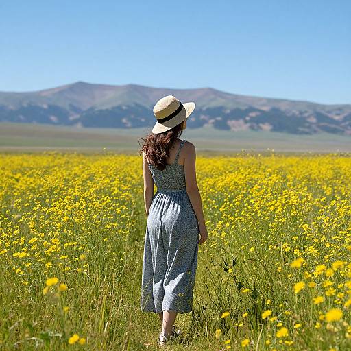Photograph of a woman in a blue patterned sundress and white hat, standing in a vibrant yellow wildflower field, with distant mountains and clear
