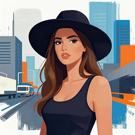 Digital illustration of a stylish woman with long brown hair, wearing a black hat and tank top, standing in a colorful urban cityscape with blue and orange