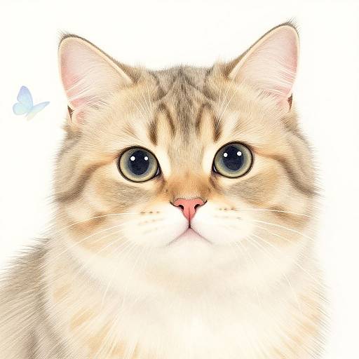 Close-up digital drawing of a fluffy, long-haired tabby cat with large, expressive blue eyes and a small pink nose, set against a white background
