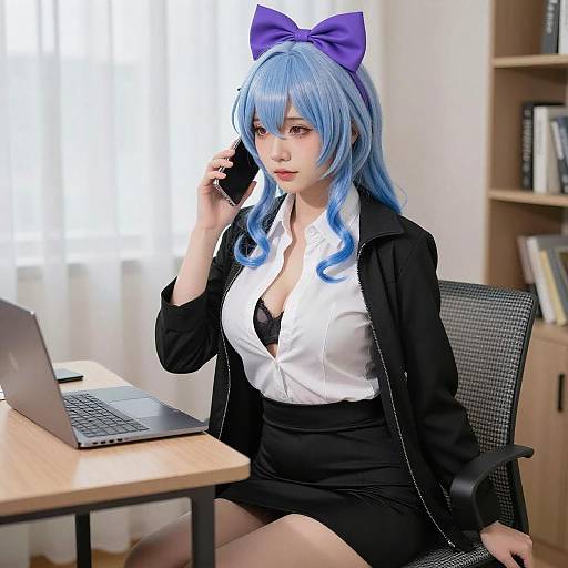 Asian Woman Cosplay with Blue Hair