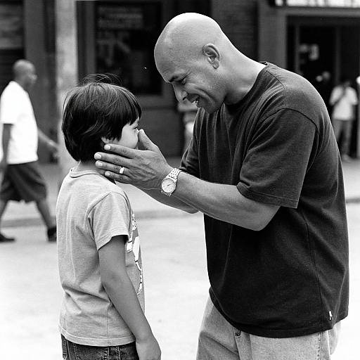 Black-and-white photograph of a bald, middle-aged man gently touching a young boy's cheek, both standing in a busy urban street.