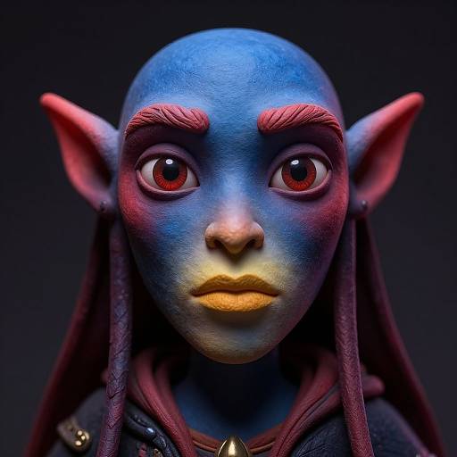 Photorealistic CGI of a blue-skinned, elf-like character with red eyes, vivid red eyebrows, yellow lips, pointed ears, and dark purple