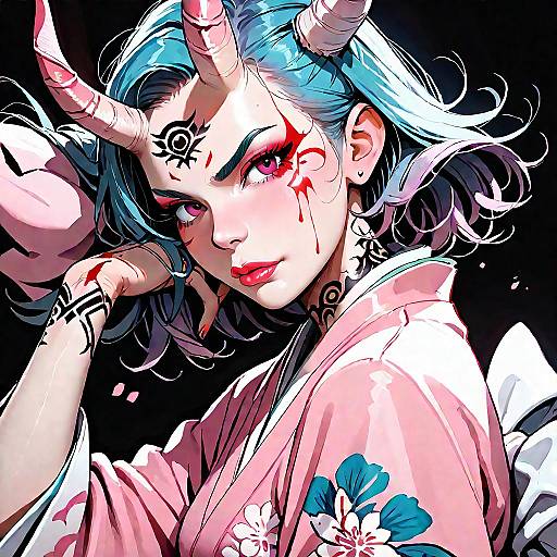 Horned Kimono Girl Looking At Viewer