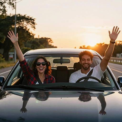 Photograph of a smiling couple with curly hair and beards, waving from a car at sunset, wearing sunglasses and casual clothes.