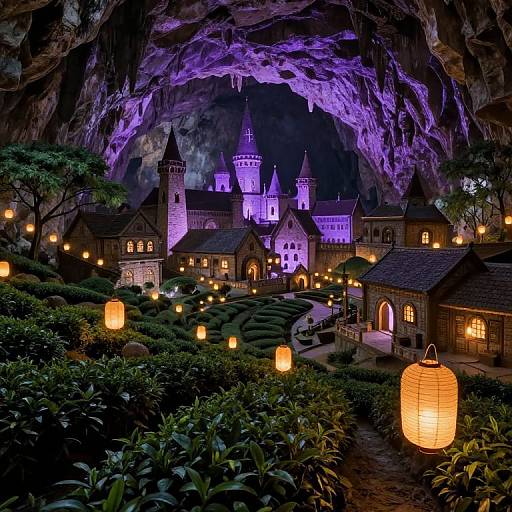 Photograph of a whimsical, purple-lit medieval castle village nestled within a dark, cavernous rock formation, surrounded by glowing lanterns and lush