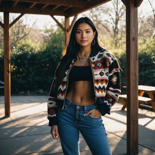 Native American woman in bohemian jacket outdoors