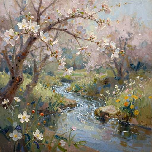 Serene Spring River Oil Painting