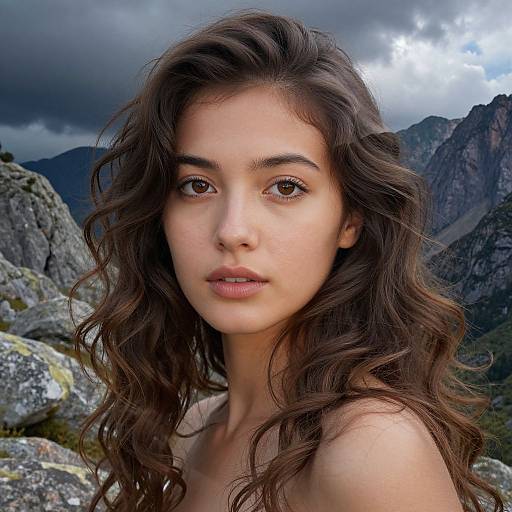 Photograph of a young woman with wavy brown hair, fair skin, and brown eyes, set against a dramatic mountainous landscape with cloudy skies.