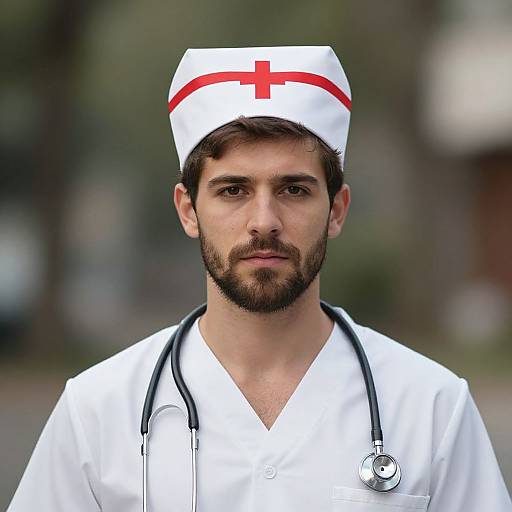 Photograph of a bearded male nurse with dark hair, white uniform, red cross hat, stethoscope, and serious expression, blurred outdoor background