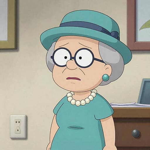 Stern Cartoon Elderly Woman in Teal