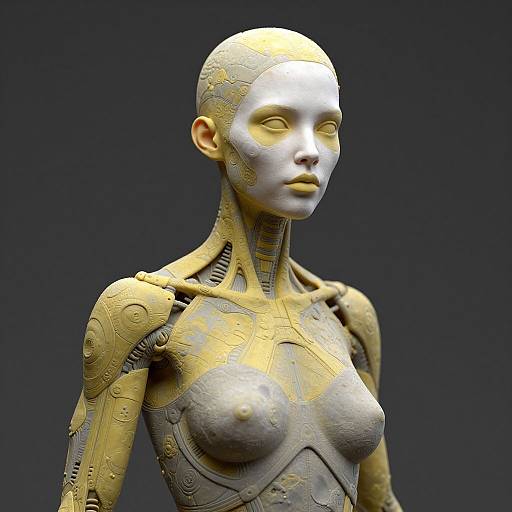 CGI image of a futuristic, gold and silver humanoid robot with a bald head, exposed wiring, and visible breasts, set against a dark blue background