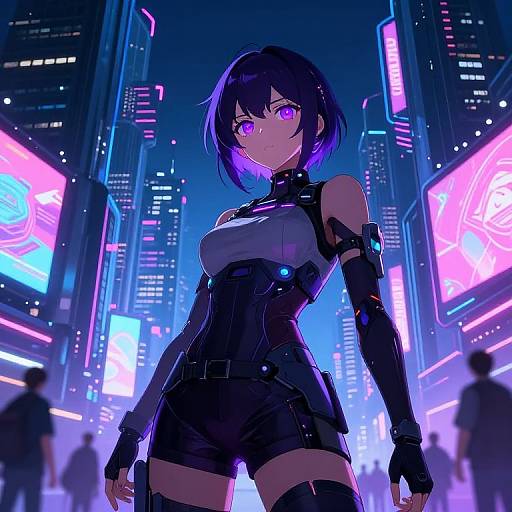 Cyberpunk anime girl with glowing purple eyes, black leather outfit, and thigh-high boots stands confidently in a neon-lit city street. Digital art